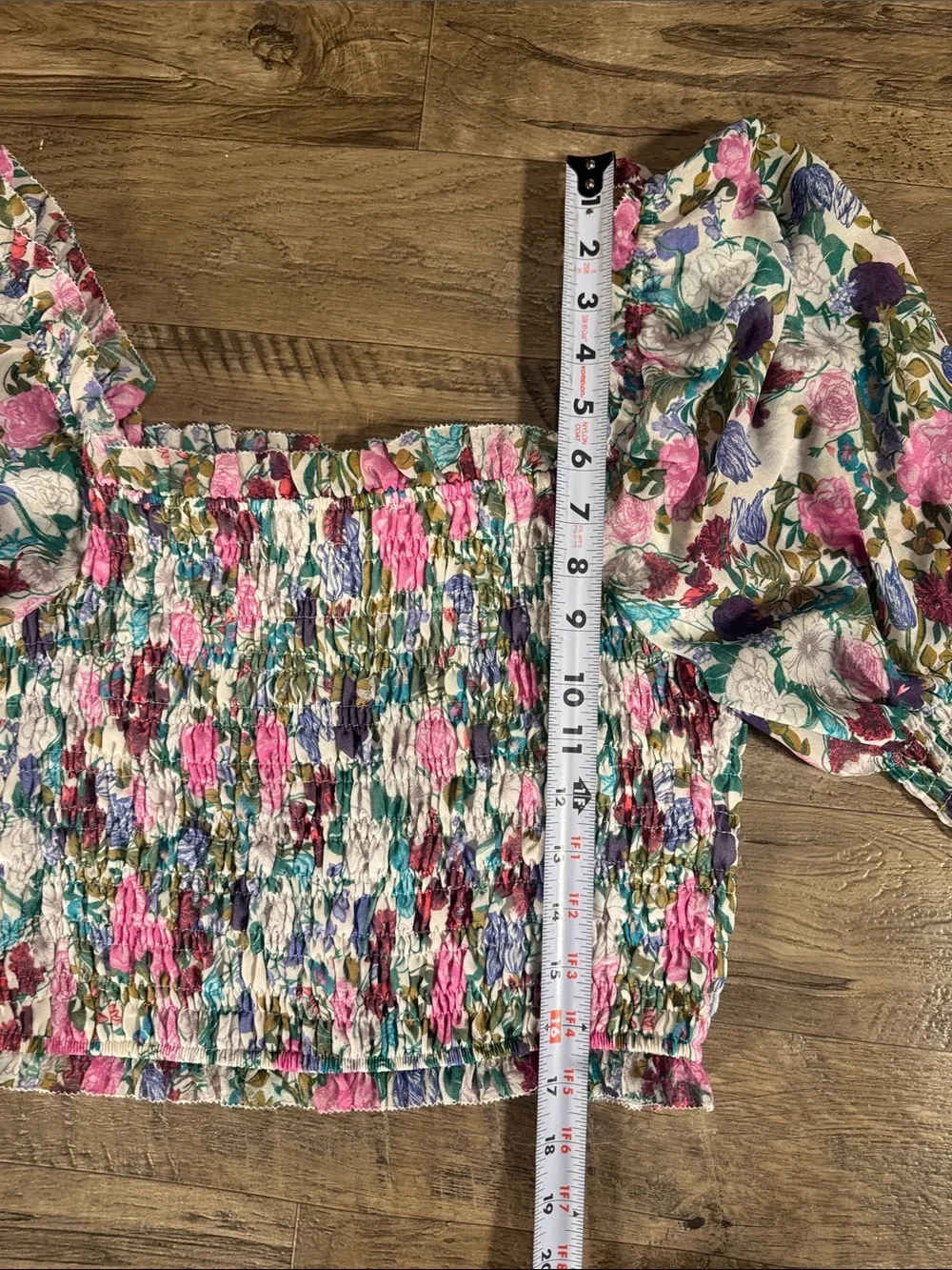 Astr Pink Blue and Green Floral Puff Sleeve Smocked Crop Blouse - Size M